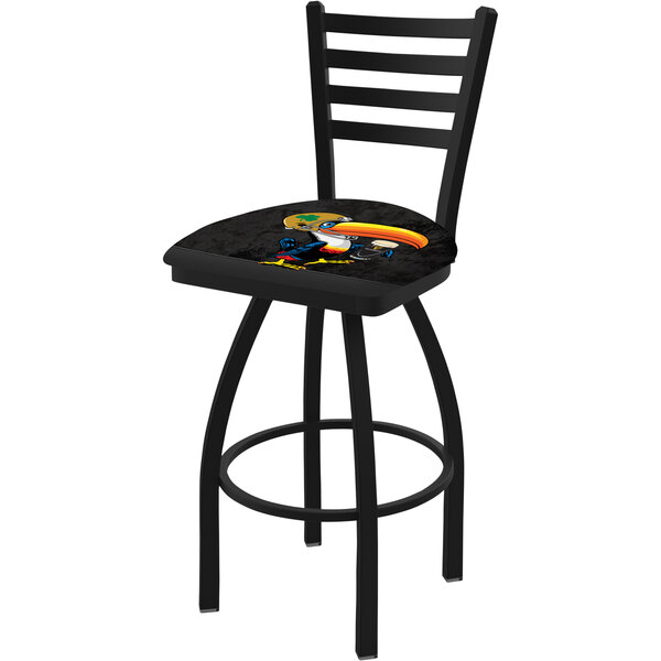 A black Holland Bar Stool with a toucan design on the seat back.