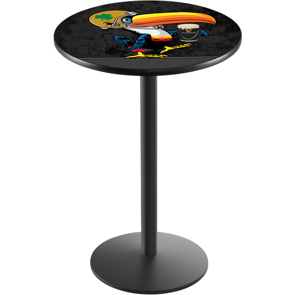 A black round Holland Bar Stool table with a Guinness Toucan on it.