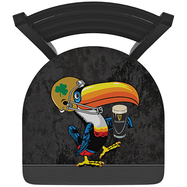 A Holland Bar Stool Notre Dame swivel bar stool with a toucan on the seat back.