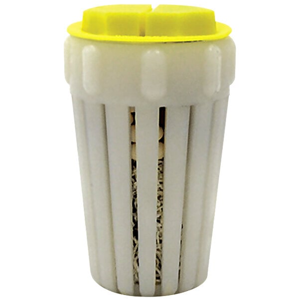 A white and yellow container with a white cap.