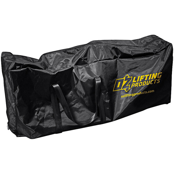 A black carrying case with yellow writing for OZ Lifting Products Davit Cranes.