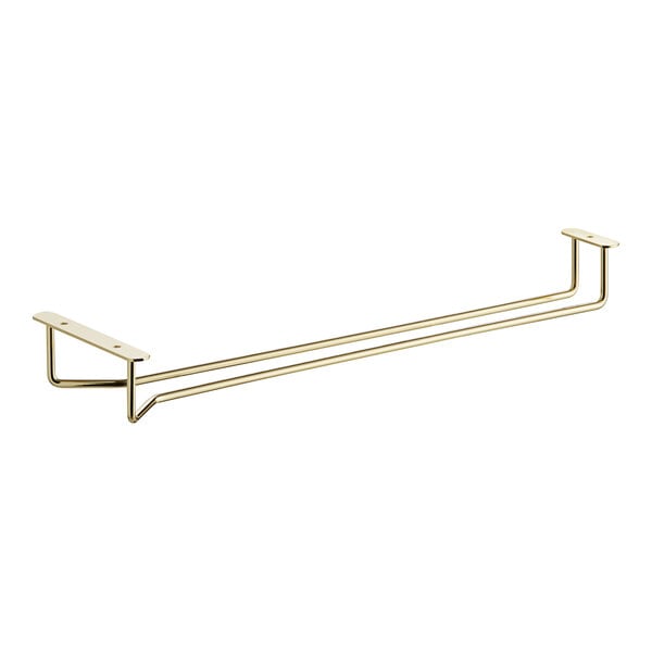 A brass plated metal hanger rack with two metal rods.