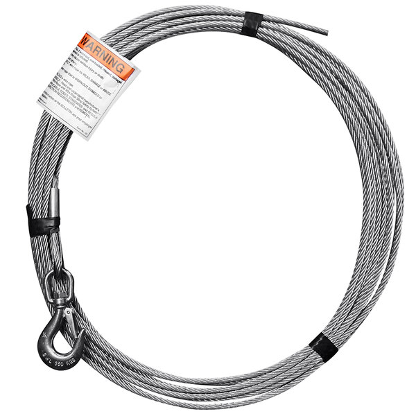 A coiled galvanized steel wire rope with a hook.