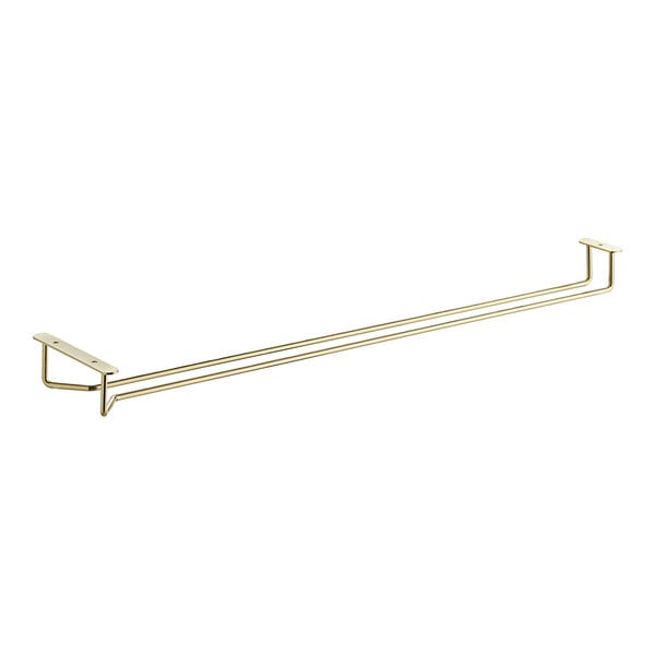 A gold metal shelf with two brass rods.