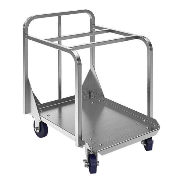 A silver Winholt aluminum sheet pan truck with blue wheels.