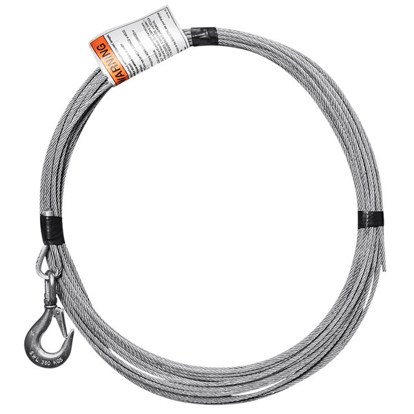 An OZ Lifting galvanized steel wire rope assembly with a hook on the end.