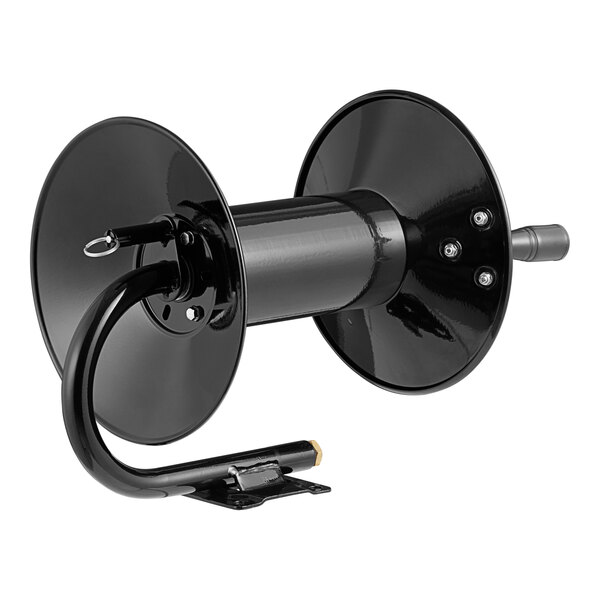 A black powder-coated steel hose reel with a black metal handle.