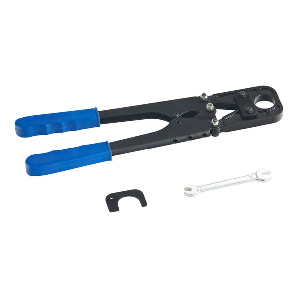 A Zurn Elkay PEX 1-inch copper crimp ring tool with blue handles, accompanied by a small wrench and a black adjustment piece.