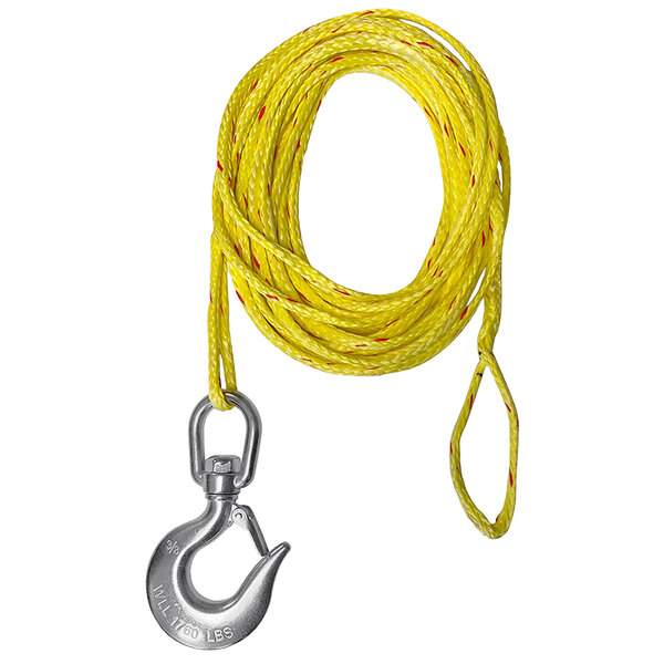 A yellow synthetic wire cable with a hook on it.