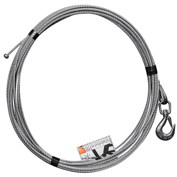 An OZ Lifting stainless steel coiled metal cable with a hook.