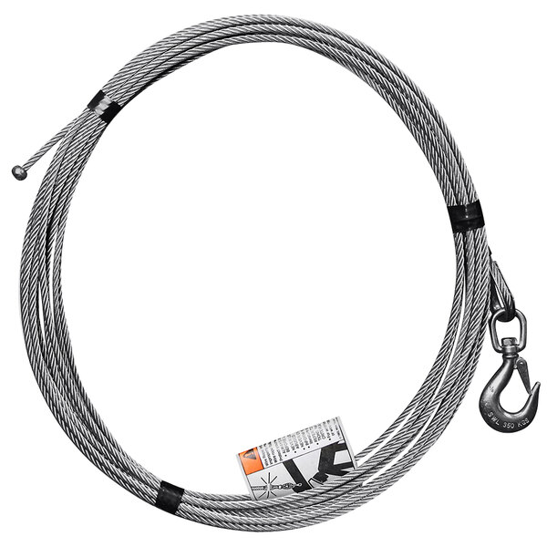 A coiled stainless steel metal cable with a hook on one end.