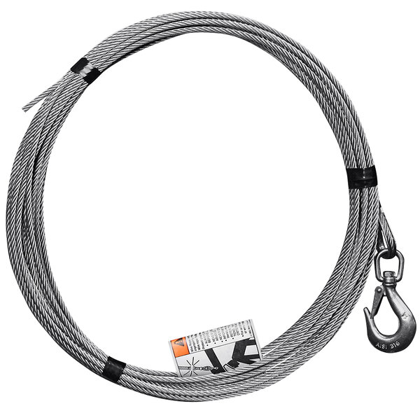 A coiled stainless steel wire rope with a hook on the end.