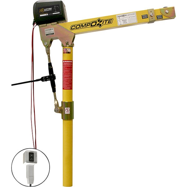 A yellow OZ Lifting davit crane with a black handle and a cable attached to it.