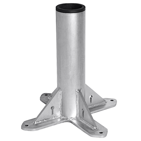 A metal pedestal base with a metal pole and a black rubber ring.