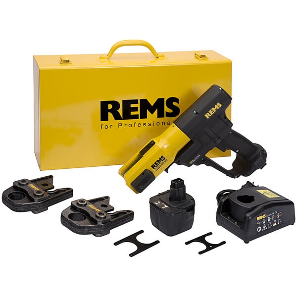 A black and yellow Zurn PEX battery-powered crimp ring tool kit.