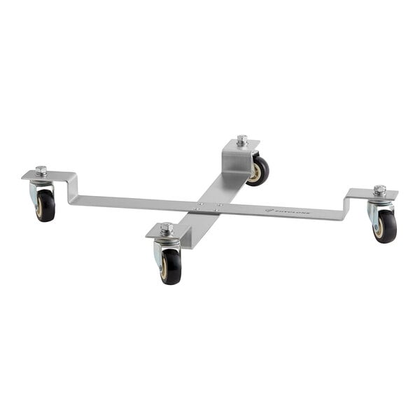 A stainless steel metal base with black wheels.