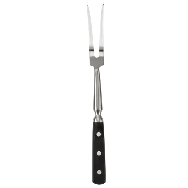 A Winco pot fork with a black handle and silver tines.