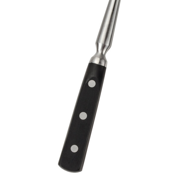 A close-up of a black and silver Winco forged pot fork with a silver handle.