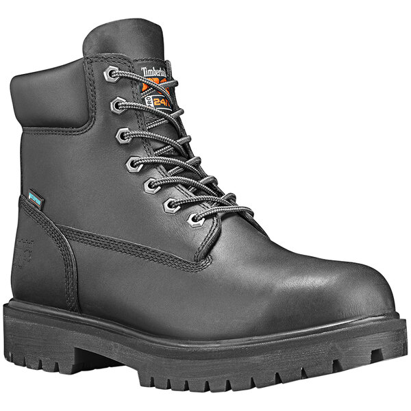 A black Timberland PRO 6" soft toe work boot with laces.