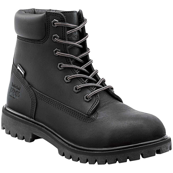 A pair of black Timberland PRO leather boots with laces.