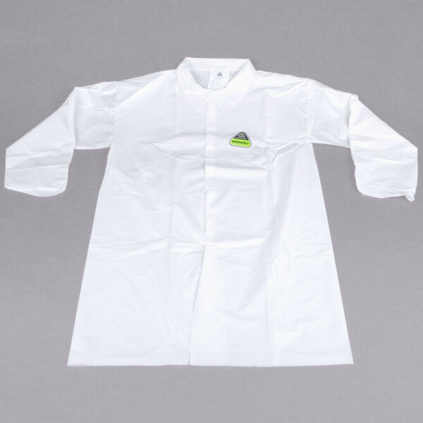 A white Cordova disposable lab coat with a green and black patch on it.
