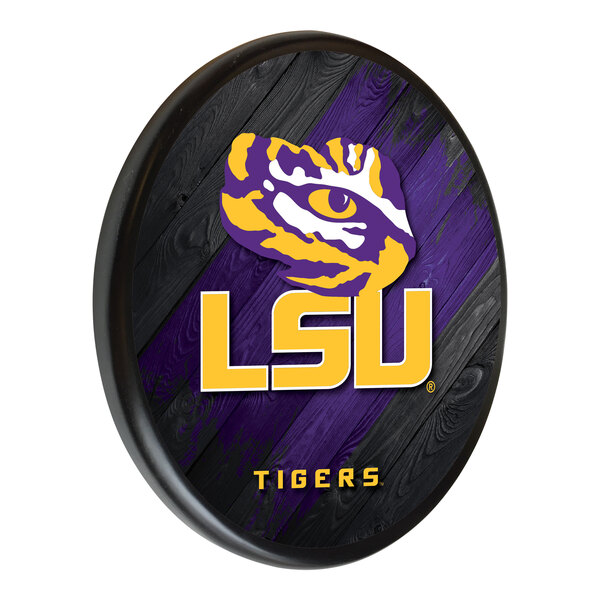 A wooden sign with the LSU Tigers logo in purple and black.