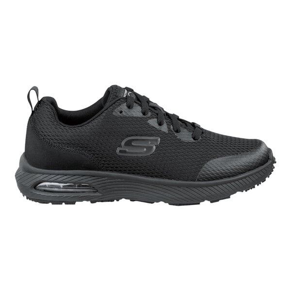 A black Skechers women's athletic shoe with a soft toe, non-slip sole, and medium width.