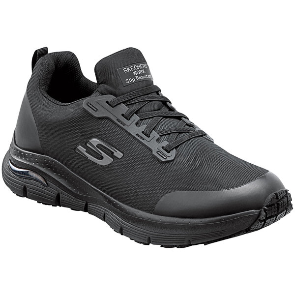 A black Skechers men's arch fit non-slip athletic shoe.