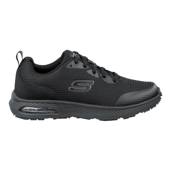 A black Skechers women's athletic shoe with a soft toe, non-slip sole, and medium width.
