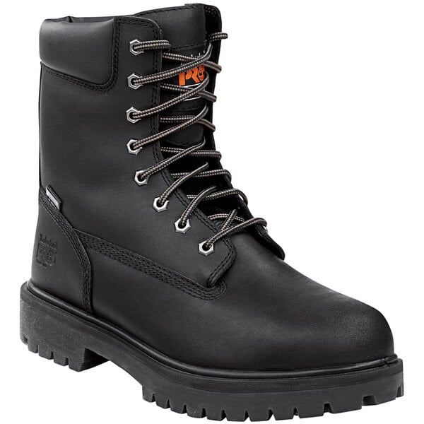 A black Timberland PRO leather work boot with laces.