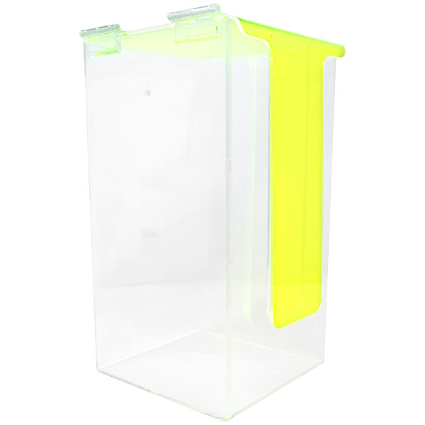 A clear plastic container with yellow label and handles holding Accuform Dust Masks.