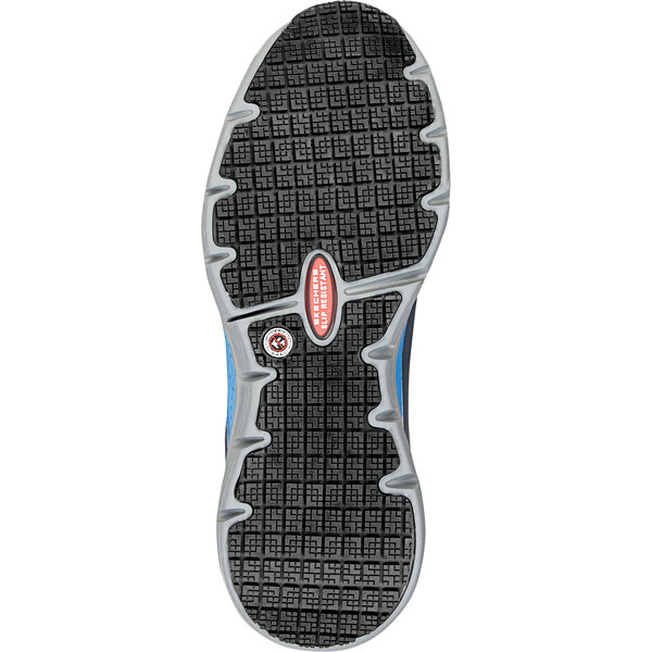 A men's navy and light blue Skechers Work Beau athletic shoe with an alloy toe and non-slip sole, shown from the bottom to display its tread pattern.