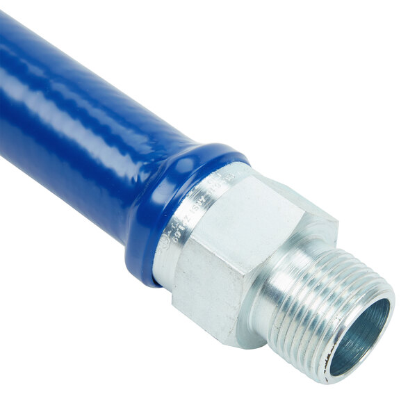 A blue Dormont gas connector with a metal pipe and nut.