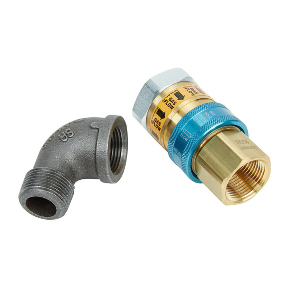 A close-up of a black metal Dormont gas connector kit with a brass and gold threaded pipe fitting.