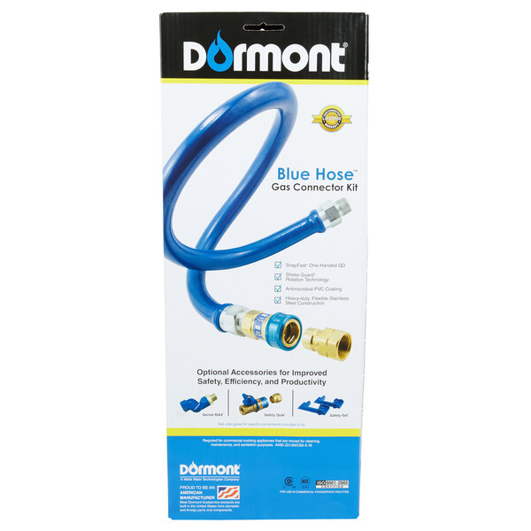 A blue Dormont gas connector hose kit in a box with white and blue accents.