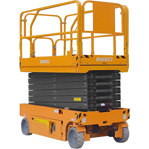 A yellow EKKO battery-powered scissor lift with metal bars and a platform.