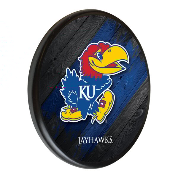 A black and blue wood sign with a round University of Kansas Jayhawks logo.