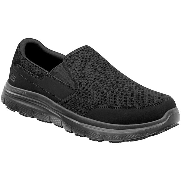 A black Skechers athletic shoe for women.