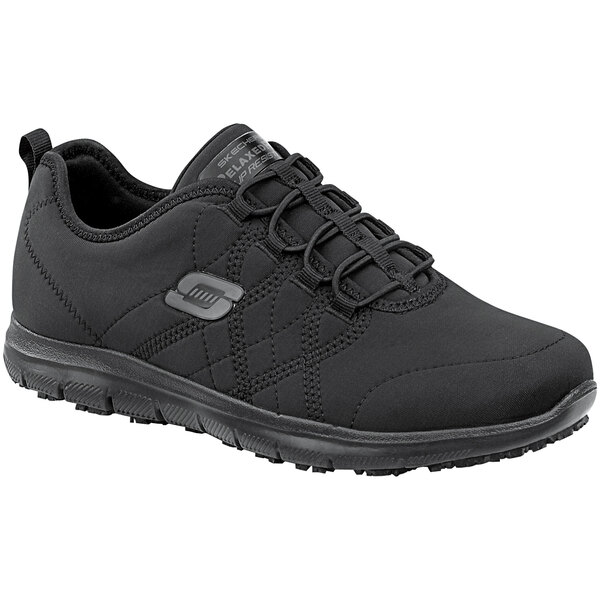 A black Skechers women's non-slip athletic shoe.