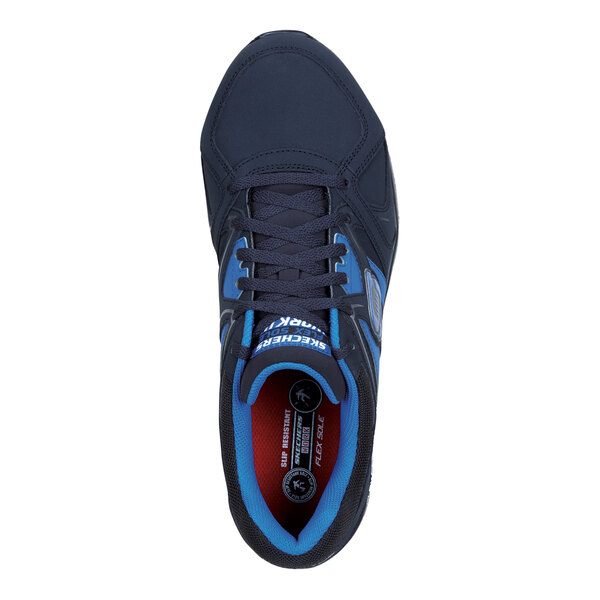 A navy blue men's athletic shoe with alloy toe and non-slip sole, featuring blue accents and lace-up closure.