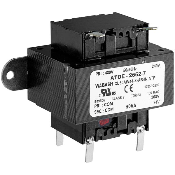 A black rectangular AccuTemp transformer with a white label.