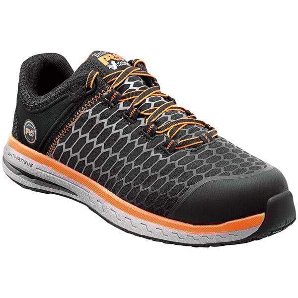 A black and orange Timberland men's work safety shoe.