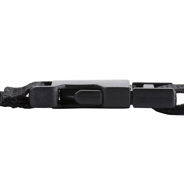 A black strap with a metal clip on it.