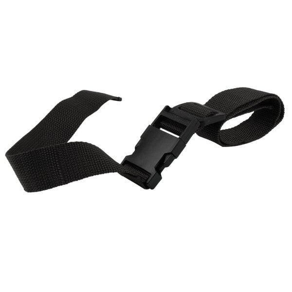 A black Lancaster Table & Seating replacement seat belt with a buckle.