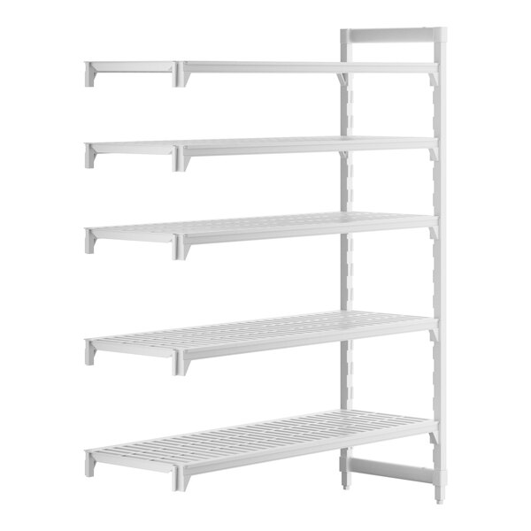 A white rectangular Cambro Camshelving® Premium add on unit with vented shelves.