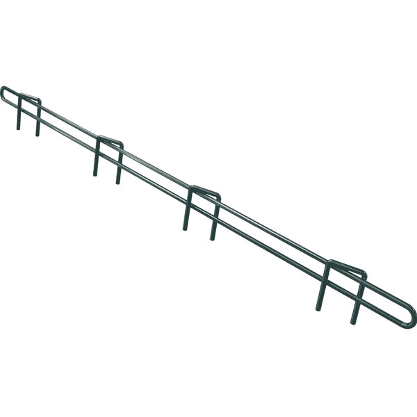 A long shot of a black metal railing with a Metro Super Erecta smoked glass ledge on it.
