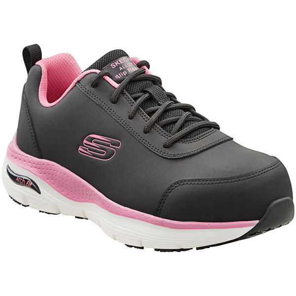 Skechers Reagan Women's 9.5 Arch Fit Medium Width Black / Pink Alloy Toe  Non-Slip Athletic Shoe SSK108098BKPK