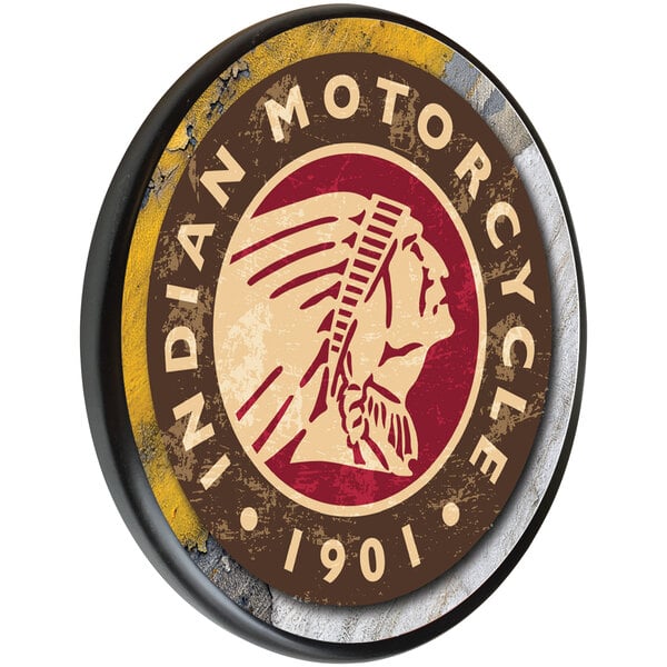 A round wooden sign with the Indian Motorcycle logo.