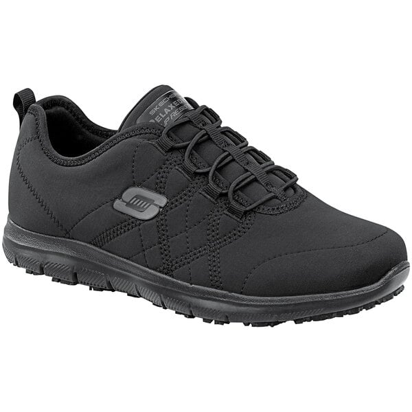 A black Skechers women's athletic shoe with non-slip soles.