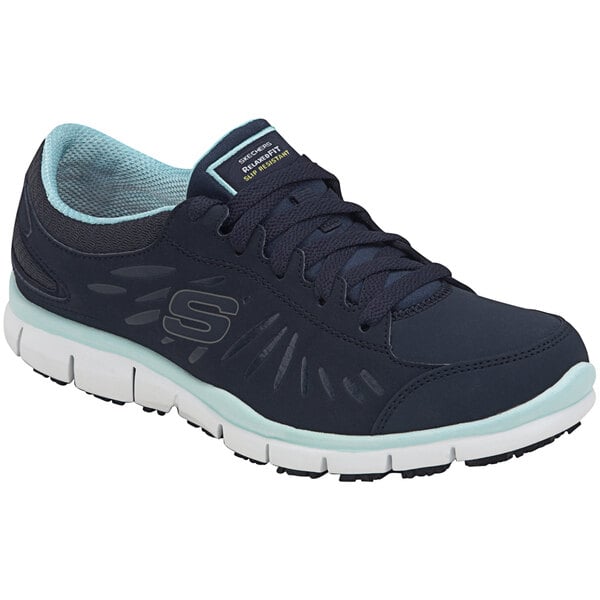 A navy and aqua Skechers Work Stacey women's non-slip athletic shoe.